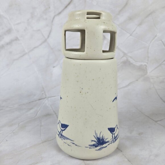 Vintage Sanibel Pottery 1984 Lighthouse Candle Holder Seabirds Cream Blue - Picture 2 of 14